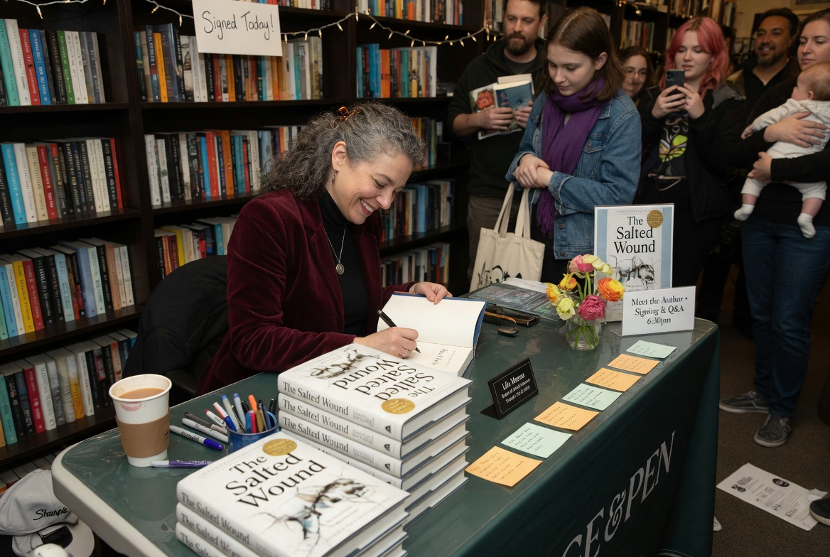 An author signing books inside a library.