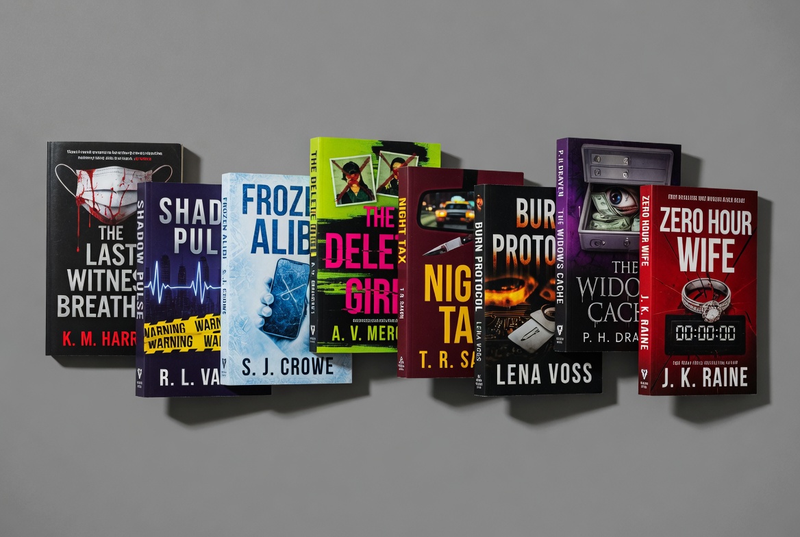 A spread of thriller paperback covers arranged together.