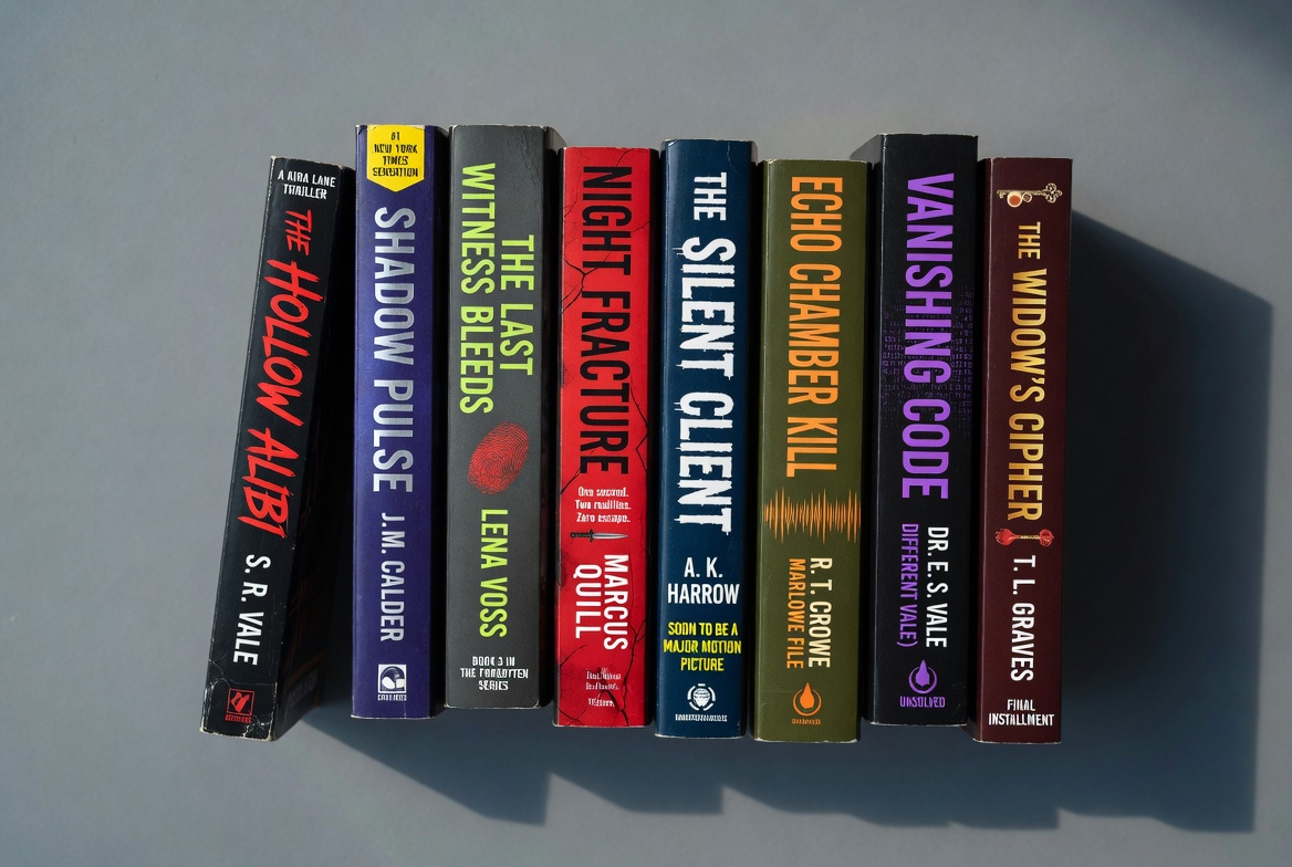 A row of thriller book spines lined up on a shelf.