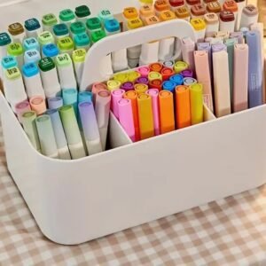 White 5-compartment desk organizer caddy with a carry handle, filled with colored markers